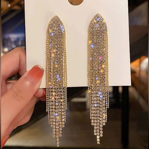 NEW! GOLD RHINESTONE TASSEL DROP EARRINGS!! - Picture 1 of 5